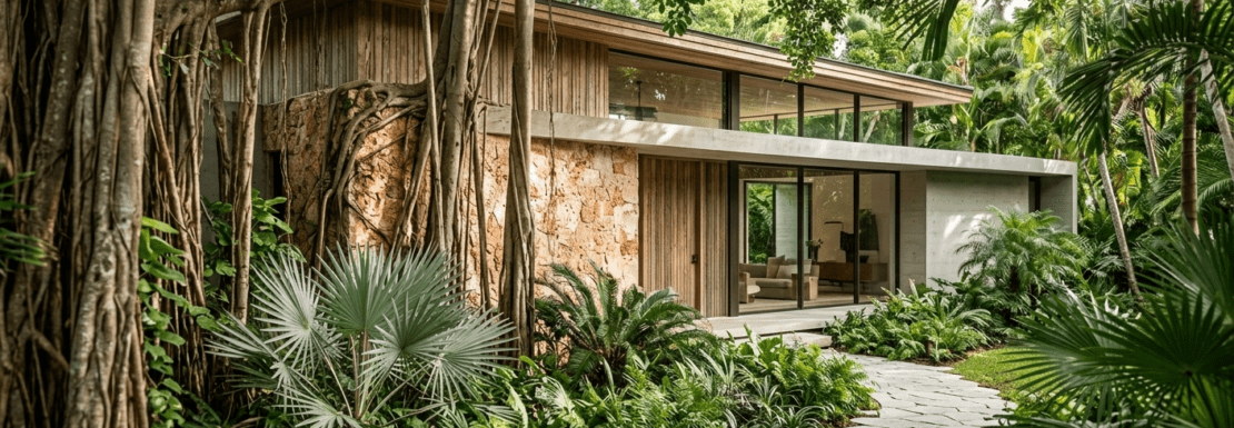 Realistic architectural shot of a Tropical Modern estate in Coconut Grove, Miami, nestled behind a lush canopy of Banyan trees and tropical palms.