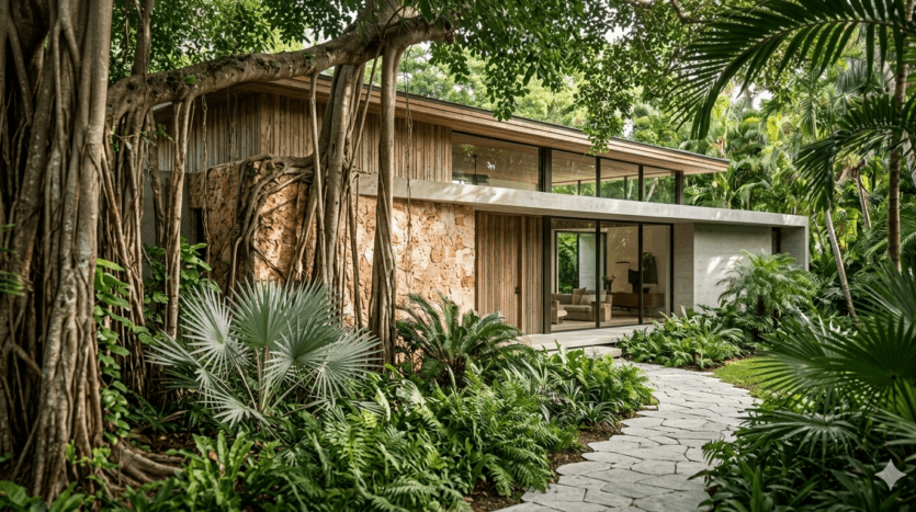 Realistic architectural shot of a Tropical Modern estate in Coconut Grove, Miami, nestled behind a lush canopy of Banyan trees and tropical palms.