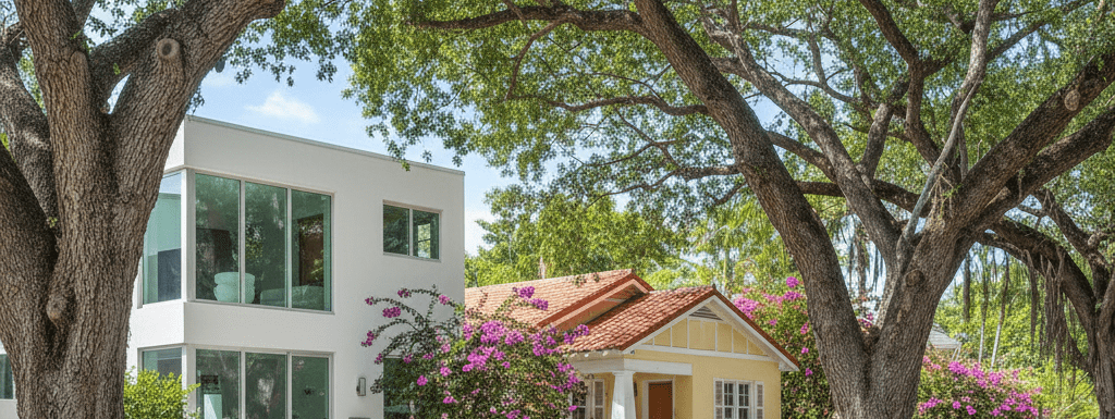 Street-level view of Victoria Park's unique architectural blend, featuring a modern luxury estate and a historic bungalow under a lush tropical tree canopy in Fort Lauderdale.