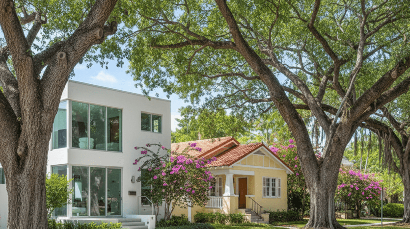Street-level view of Victoria Park's unique architectural blend, featuring a modern luxury estate and a historic bungalow under a lush tropical tree canopy in Fort Lauderdale.