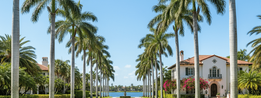Wide-angle view of Hollywood Boulevard in Hollywood Lakes, featuring iconic Royal Palms and a grand Mediterranean Revival waterfront estate overlooking South Lake.