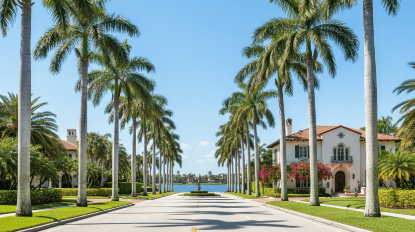 Wide-angle view of Hollywood Boulevard in Hollywood Lakes, featuring iconic Royal Palms and a grand Mediterranean Revival waterfront estate overlooking South Lake.