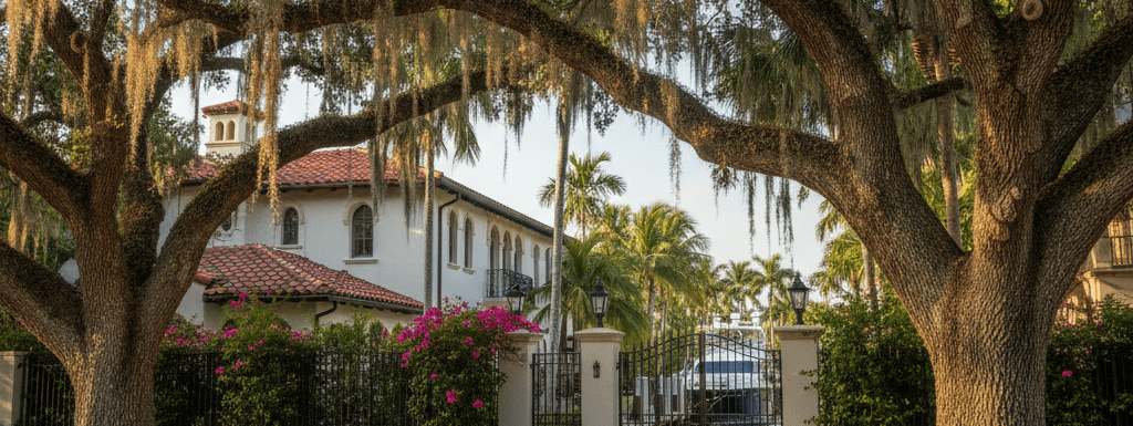 Street-level view of luxury Mediterranean waterfront estates in Rio Vista, Fort Lauderdale, featuring grand oak trees, manicured lawns, and private yachts docked along the canal at golden hour.