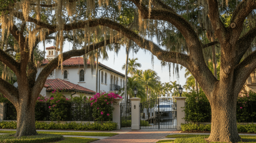 Street-level view of luxury Mediterranean waterfront estates in Rio Vista, Fort Lauderdale, featuring grand oak trees, manicured lawns, and private yachts docked along the canal at golden hour.