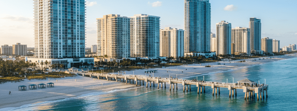 Wide-angle aerial view of the Pompano Beach coastline in 2026, featuring the iconic fishing pier and new luxury glass skyscraper residences under a clear blue sky.
