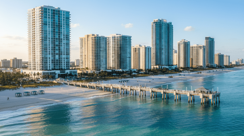 Wide-angle aerial view of the Pompano Beach coastline in 2026, featuring the iconic fishing pier and new luxury glass skyscraper residences under a clear blue sky.