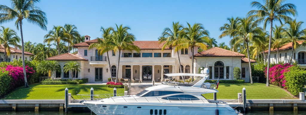 Luxury waterfront estate in Rio Vista, Fort Lauderdale, featuring a Mediterranean-style mansion, a private yacht docked on a wide deep-water canal, and tropical palm trees under a clear blue sky.