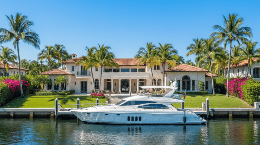 Luxury waterfront estate in Rio Vista, Fort Lauderdale, featuring a Mediterranean-style mansion, a private yacht docked on a wide deep-water canal, and tropical palm trees under a clear blue sky.