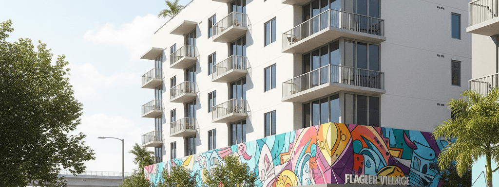 A modern mid-rise luxury apartment building in Flagler Village, Fort Lauderdale, featuring vibrant street art murals and a walkable urban streetscape.