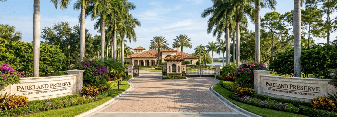 Wide-angle view of a prestigious gated community entrance in Parkland, Florida, featuring luxury landscaping, Royal Palms, and Mediterranean architecture under a clear blue sky.