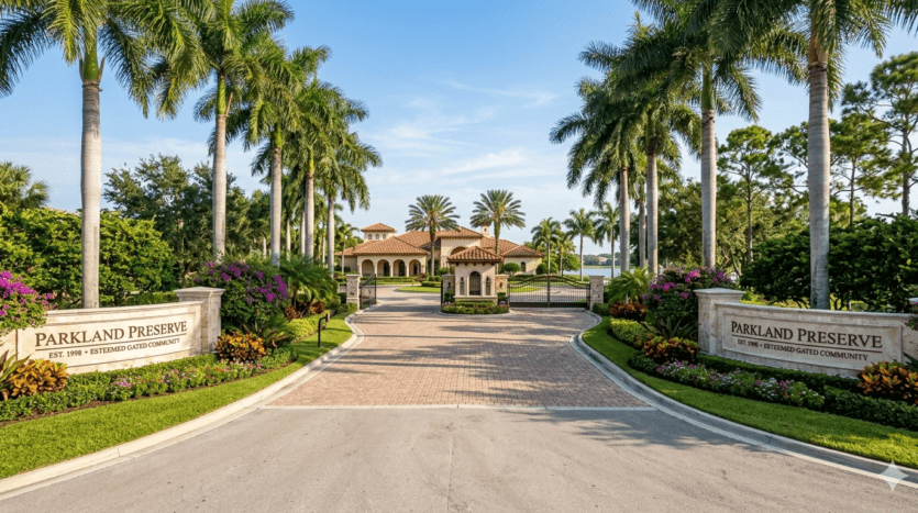 Wide-angle view of a prestigious gated community entrance in Parkland, Florida, featuring luxury landscaping, Royal Palms, and Mediterranean architecture under a clear blue sky.