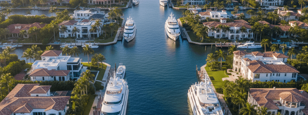 Aerial view of luxury mansions and superyachts on the Las Olas Isles finger islands in Fort Lauderdale, 2026.