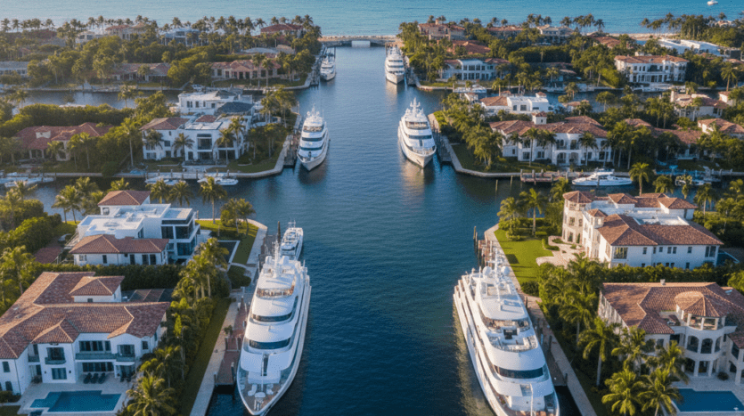Aerial view of luxury mansions and superyachts on the Las Olas Isles finger islands in Fort Lauderdale, 2026.