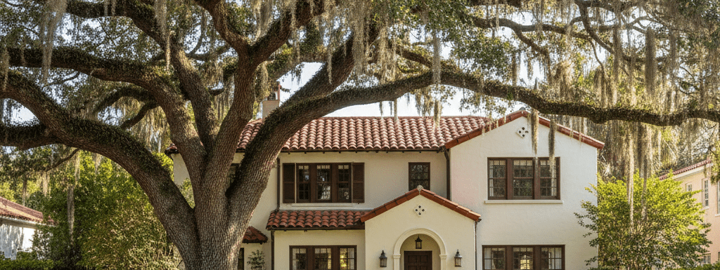 Luxury Mediterranean-style home in Victoria Park, Fort Lauderdale, featuring a historic oak tree canopy, manicured lawn, and traditional architecture.