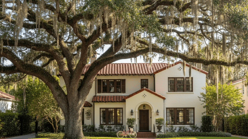 Luxury Mediterranean-style home in Victoria Park, Fort Lauderdale, featuring a historic oak tree canopy, manicured lawn, and traditional architecture.