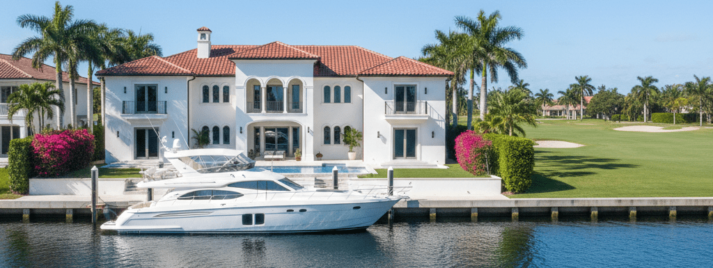 Luxury waterfront mansion in Coral Ridge, Fort Lauderdale, featuring a private yacht dock and a view of the nearby golf course fairways under a clear sky.