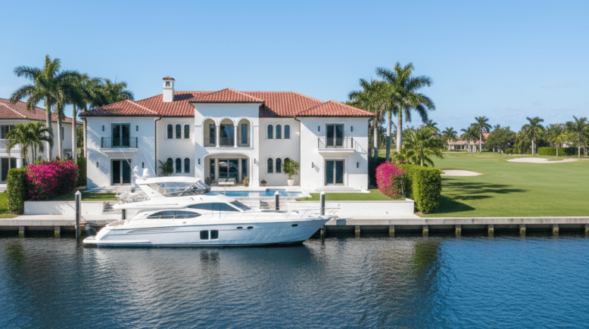 Luxury waterfront mansion in Coral Ridge, Fort Lauderdale, featuring a private yacht dock and a view of the nearby golf course fairways under a clear sky.