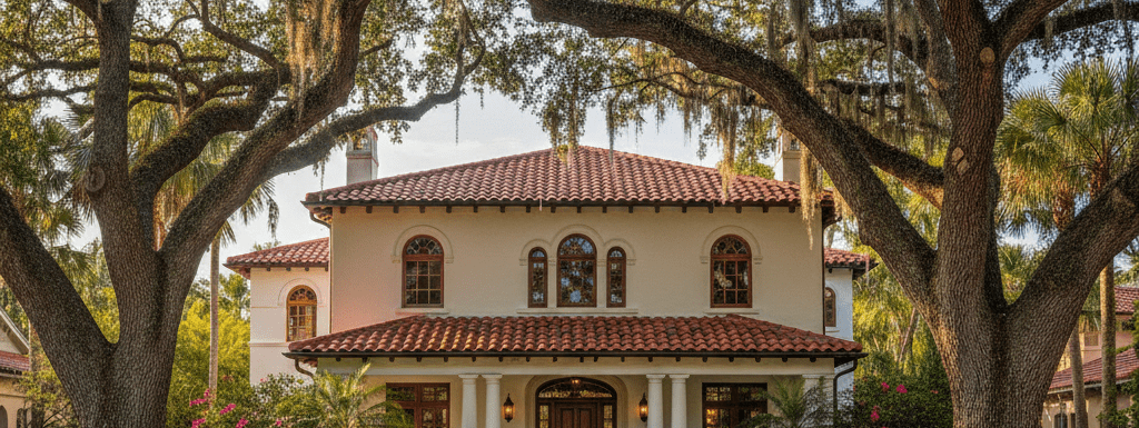 Historic Mediterranean estate in Colee Hammock, Fort Lauderdale, surrounded by large oak trees and lush tropical landscaping.