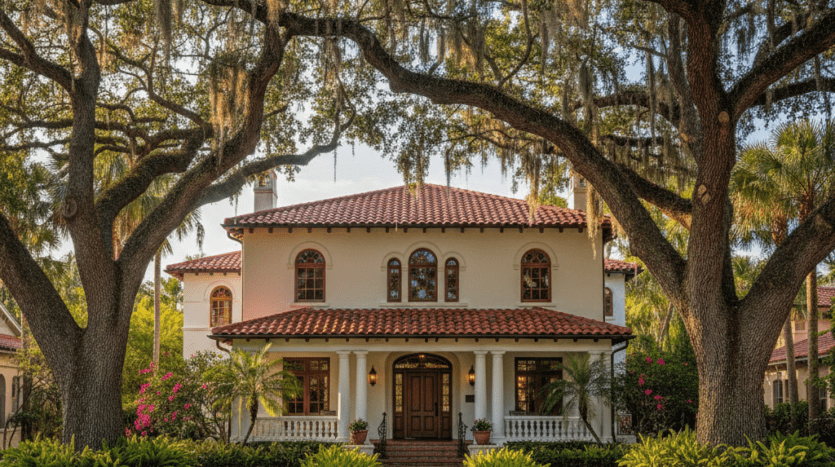 Historic Mediterranean estate in Colee Hammock, Fort Lauderdale, surrounded by large oak trees and lush tropical landscaping.