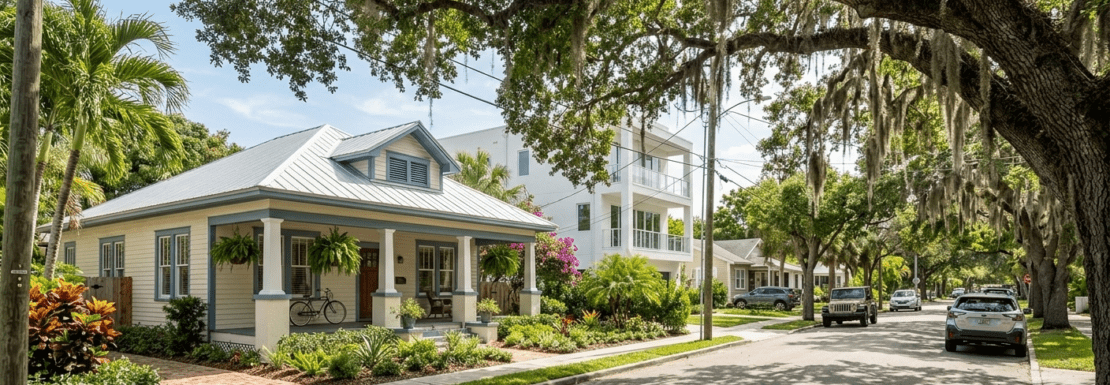 Realistic street-level view of Tarpon River in Fort Lauderdale, showing a historic bungalow under a massive oak canopy with modern townhomes in the background.