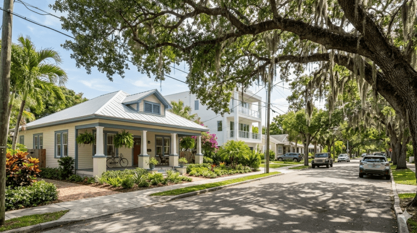 Realistic street-level view of Tarpon River in Fort Lauderdale, showing a historic bungalow under a massive oak canopy with modern townhomes in the background.