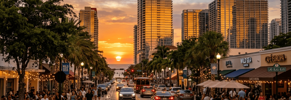 Realistic view of the Downtown Fort Lauderdale skyline and Las Olas Boulevard at sunset, featuring luxury high-rise residences.
