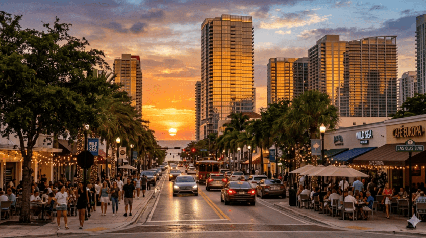 Realistic view of the Downtown Fort Lauderdale skyline and Las Olas Boulevard at sunset, featuring luxury high-rise residences.