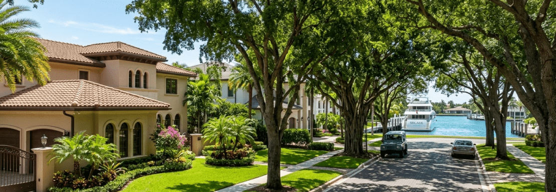 Realistic view of a tree-lined street in the historic Rio Vista neighborhood, showing luxury estates and deep-water canal access in Fort Lauderdale.