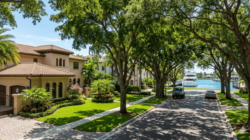 Realistic view of a tree-lined street in the historic Rio Vista neighborhood, showing luxury estates and deep-water canal access in Fort Lauderdale.