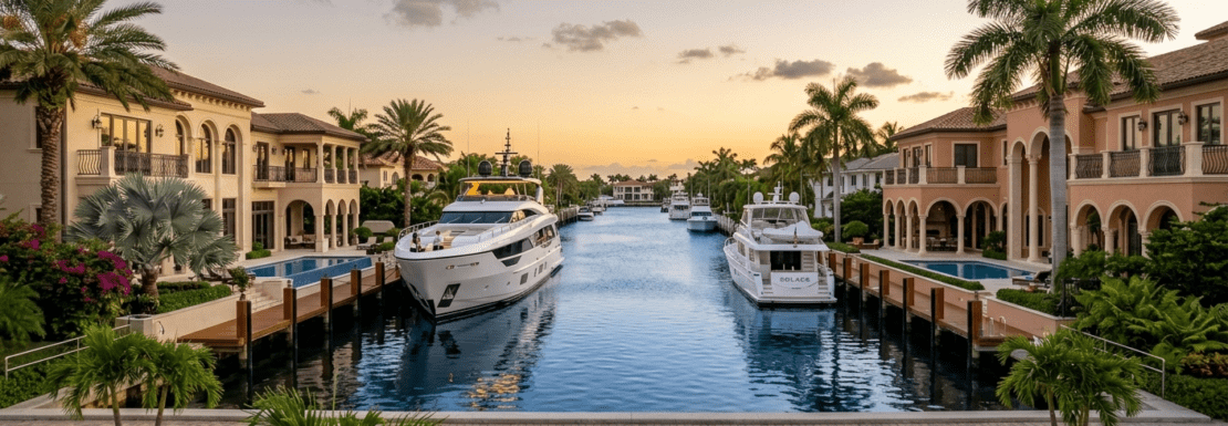 Realistic view of a wide, deep-water canal in Bay Colony, Fort Lauderdale, featuring mega-yachts docked behind ultra-luxury Mediterranean estates.