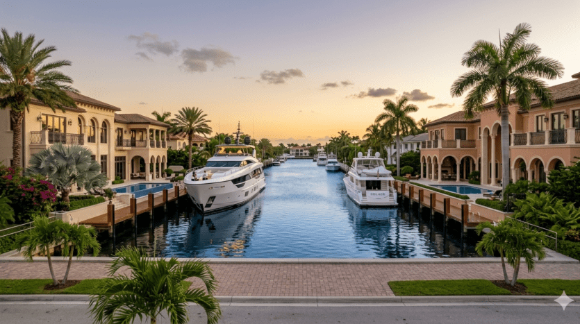 Realistic view of a wide, deep-water canal in Bay Colony, Fort Lauderdale, featuring mega-yachts docked behind ultra-luxury Mediterranean estates.