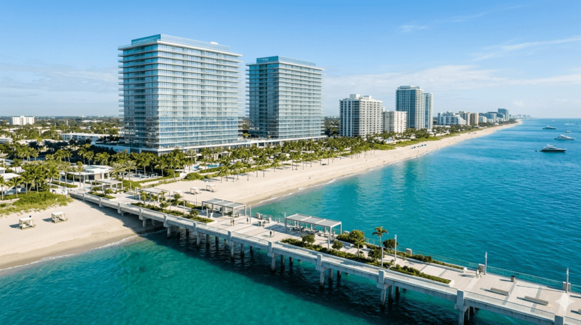 Realistic aerial view of the Pompano Beach coastline in 2026, featuring new luxury branded residences and the modern fishing pier.