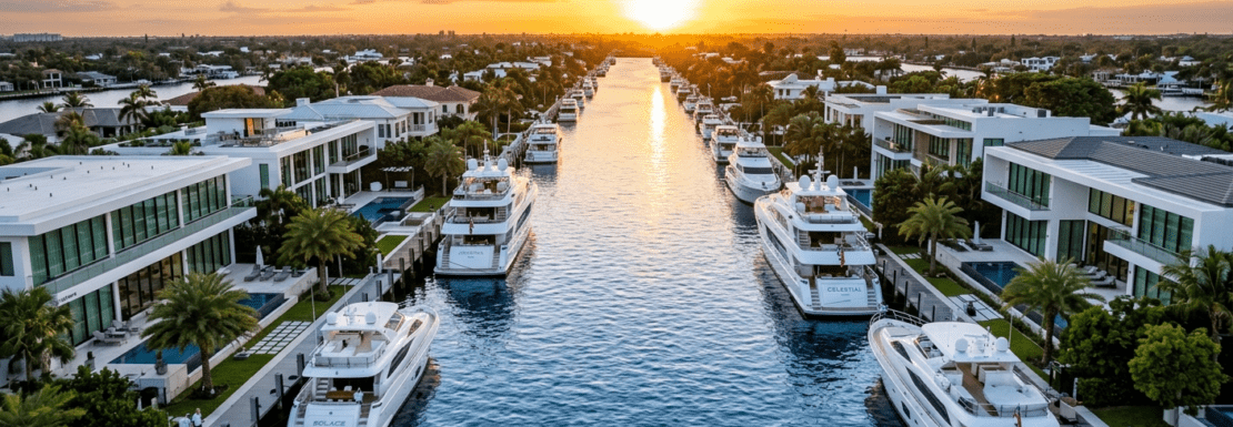 Realistic aerial view of luxury waterfront mansions and yachts in the Nurmi Isles neighborhood of Fort Lauderdale.