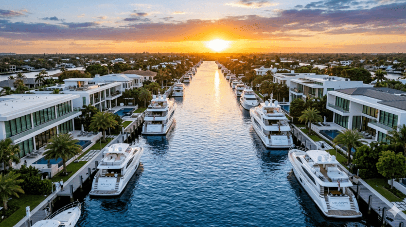 Realistic aerial view of luxury waterfront mansions and yachts in the Nurmi Isles neighborhood of Fort Lauderdale.