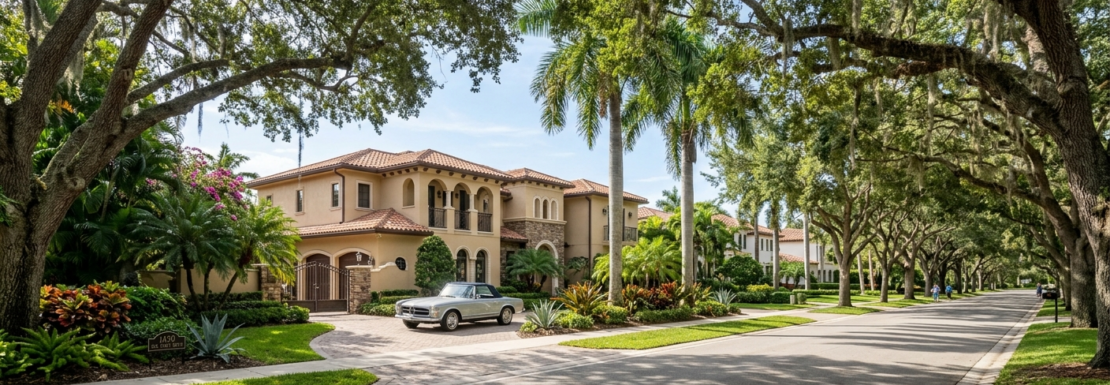 Realistic street view of a luxury estate under a historic oak canopy in the Rio Vista neighborhood of Fort Lauderdale.