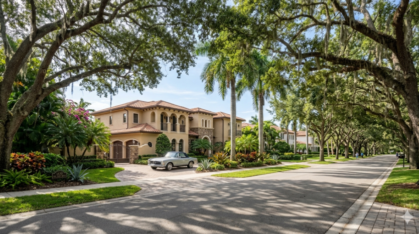 Realistic street view of a luxury estate under a historic oak canopy in the Rio Vista neighborhood of Fort Lauderdale.