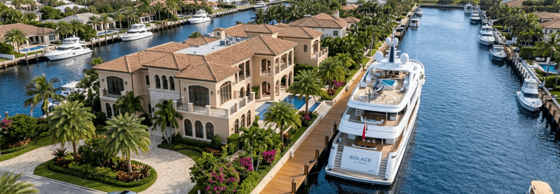 Realistic view of the private beach club and luxury waterfront estates in Harbor Beach, Fort Lauderdale.