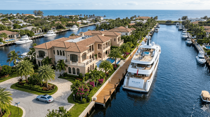 Realistic view of the private beach club and luxury waterfront estates in Harbor Beach, Fort Lauderdale.