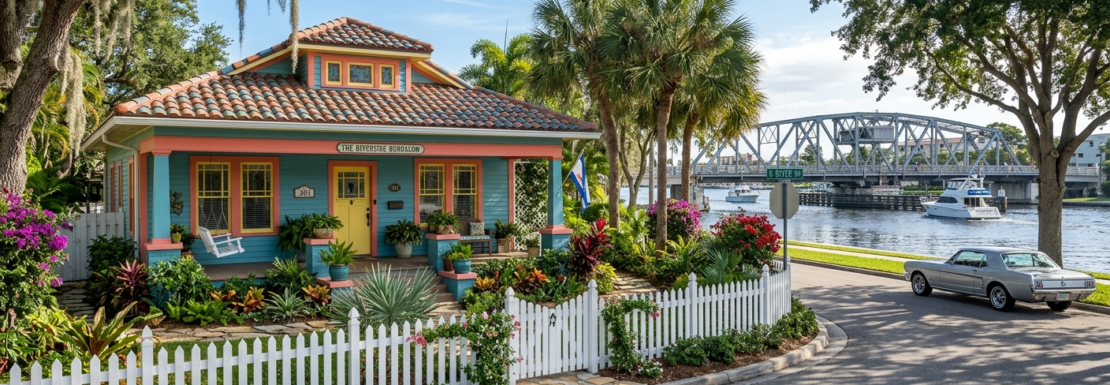 Realistic view of a historic restored bungalow in the Sailboat Bend neighborhood of Fort Lauderdale near the New River.