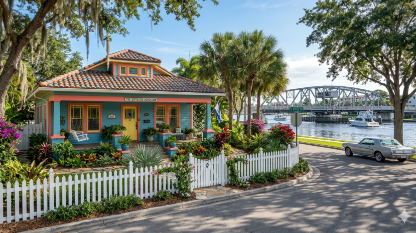 Realistic view of a historic restored bungalow in the Sailboat Bend neighborhood of Fort Lauderdale near the New River.