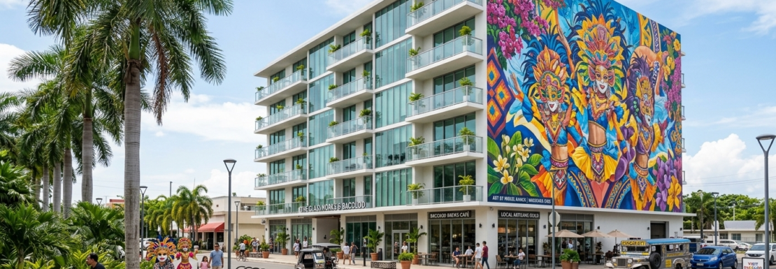 Realistic street view of a modern luxury condo building with a large colorful mural in the Flagler Village arts district of Fort Lauderdale.