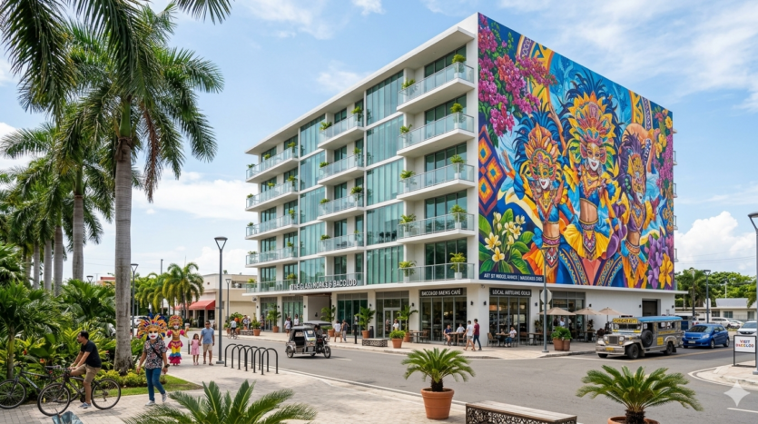 Realistic street view of a modern luxury condo building with a large colorful mural in the Flagler Village arts district of Fort Lauderdale.