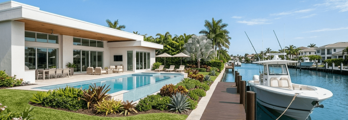 Realistic waterfront view of a luxury home in Lighthouse Point with a private boat dock and deep-water canal access.