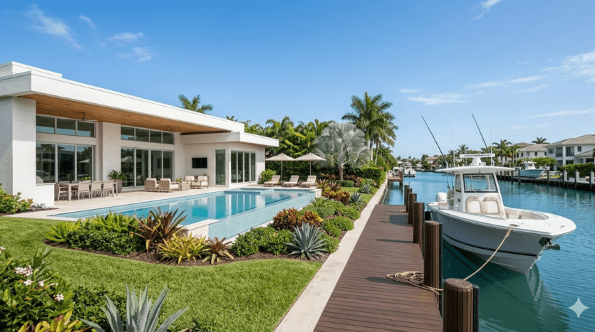 Realistic waterfront view of a luxury home in Lighthouse Point with a private boat dock and deep-water canal access.