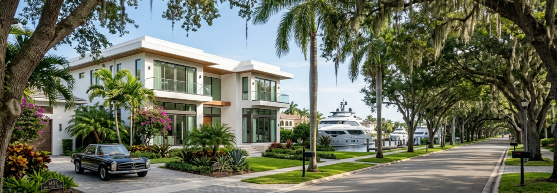 Realistic view of a luxury waterfront estate under a historic oak canopy in the Rio Vista neighborhood of Fort Lauderdale.