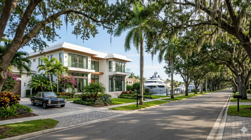 Realistic view of a luxury waterfront estate under a historic oak canopy in the Rio Vista neighborhood of Fort Lauderdale.