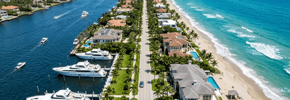 Realistic aerial drone view of Hillsboro Mile, showing ultra-luxury estates stretching from the Atlantic Ocean to the Intracoastal Waterway in Hillsboro Beach.