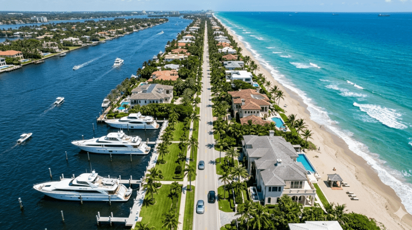 Realistic aerial drone view of Hillsboro Mile, showing ultra-luxury estates stretching from the Atlantic Ocean to the Intracoastal Waterway in Hillsboro Beach.