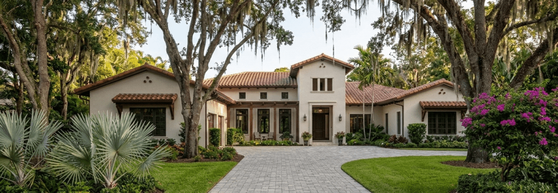 Realistic, street-level architectural photograph of a luxury Mediterranean estate in Pinecrest, Miami, nestled behind mature live oak trees and tropical landscaping on a sprawling lot.