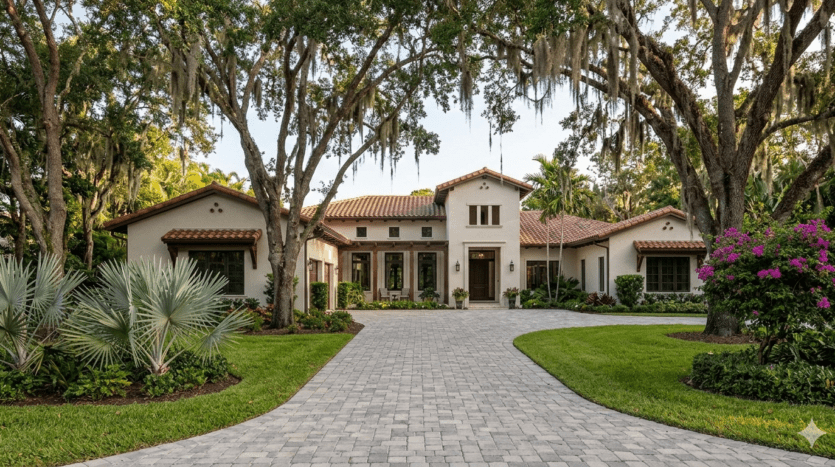 Realistic, street-level architectural photograph of a luxury Mediterranean estate in Pinecrest, Miami, nestled behind mature live oak trees and tropical landscaping on a sprawling lot.